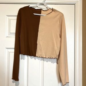 Two Tone Lettuce Trim Rib-knit Crop Tee